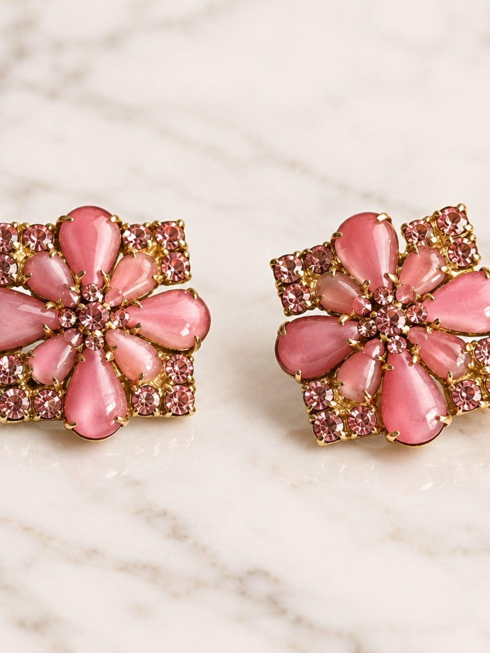 Vintage 1950s Deadstock Rhinestone Clip On Earrings Gold Tone Statement